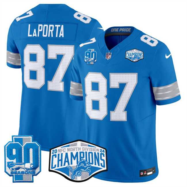 Men%27s Detroit Lions #87 Sam LaPorta Blue 2024 NFC North Champions 90th Anniversary Patch F.U.S.E. Vapor Limited Stitched Jersey->detroit lions->NFL Jersey